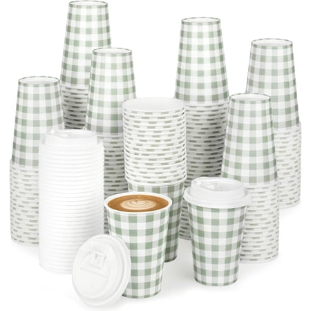 100 PACK 12OZ Gingham Disposable Coffee Cups with Lids, Sage Green Disposable Plaid To Go Paper Coffee Cups Sage Green Checkered Coffee Cup for Hot/Cold Drinks Beverages, Baby Shower, Tea Party