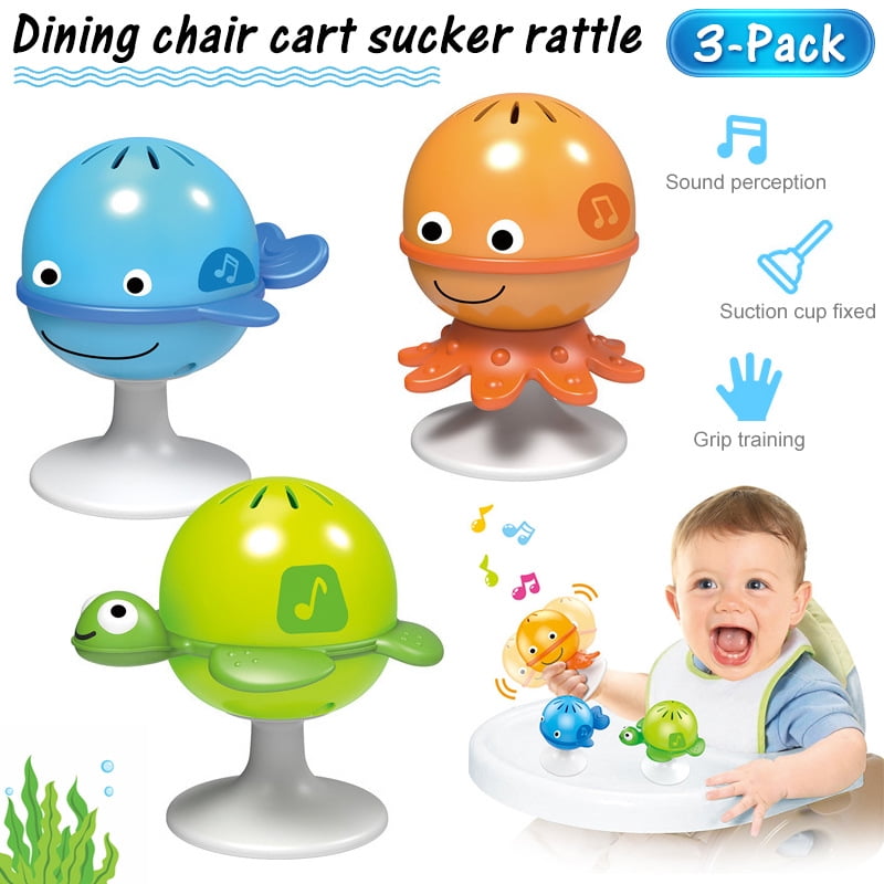 LNKOO 3 Pack Mini Musical Shake & Rattle Rainmaker Toy, Blue & Put-Stay Rattle Set | Three Sea Animal Suction Rattle Toys, Baby Educational Toy Set for 6, 9, 12, 18, 24 Months, 1 2 Year , Boys Girls