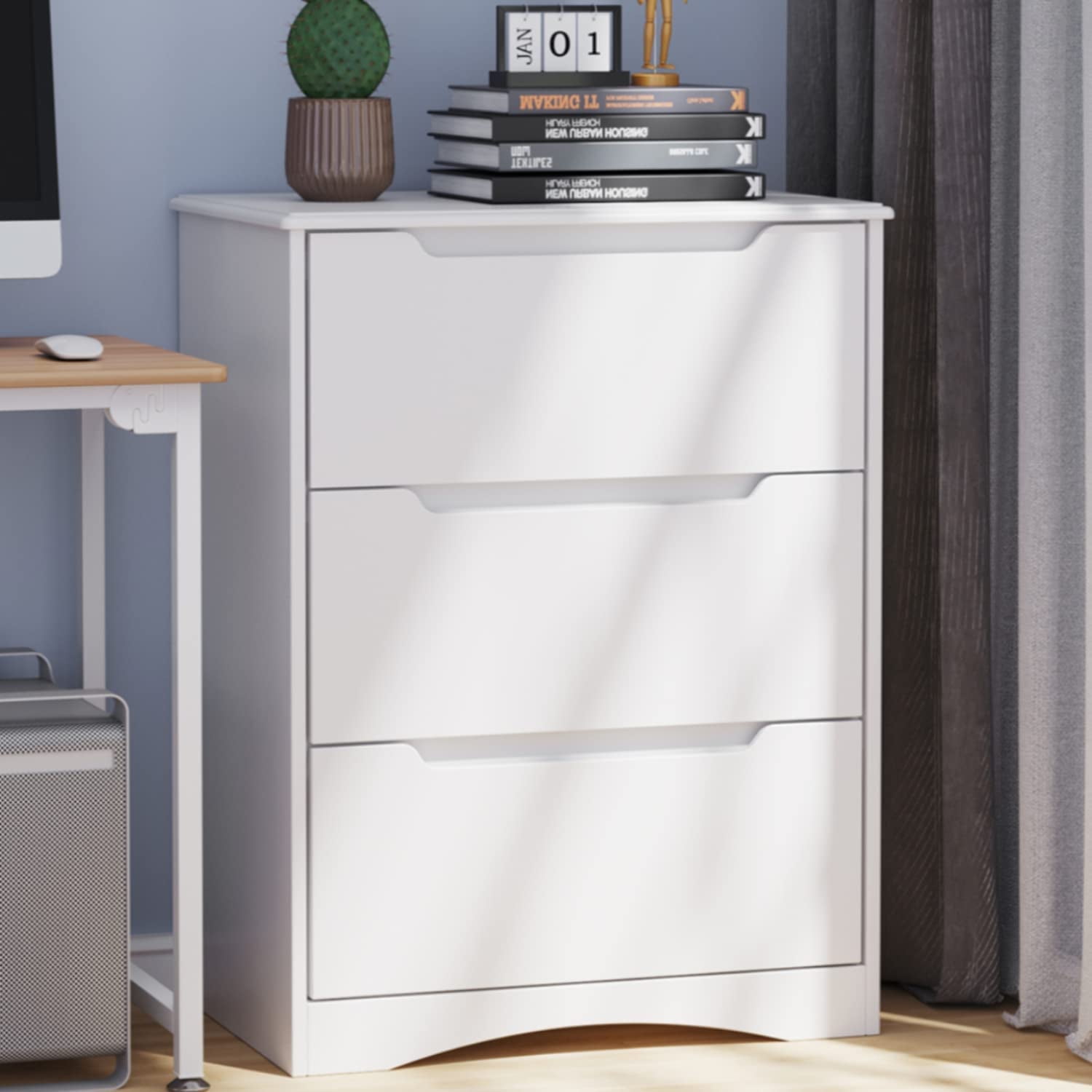 Lofka 3 Drawer Dresser for Bedroom, Chest of Drawers with Large Storage Capacity, Cutout Handles, Deep Drawers, Smooth Metal Rail, White