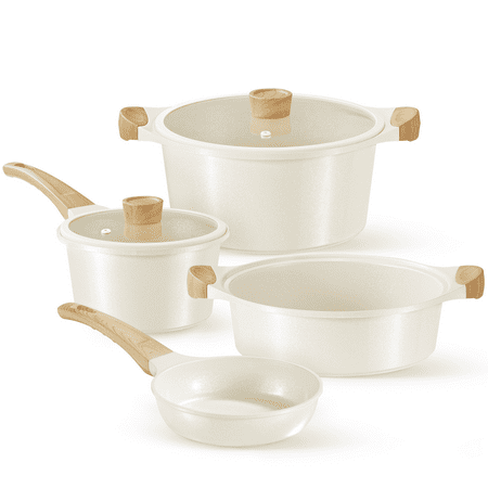 CAROTE 6pcs Ceramic Cookware Sets, Induction Pots and Pans, Non Stick Pots Sets, White