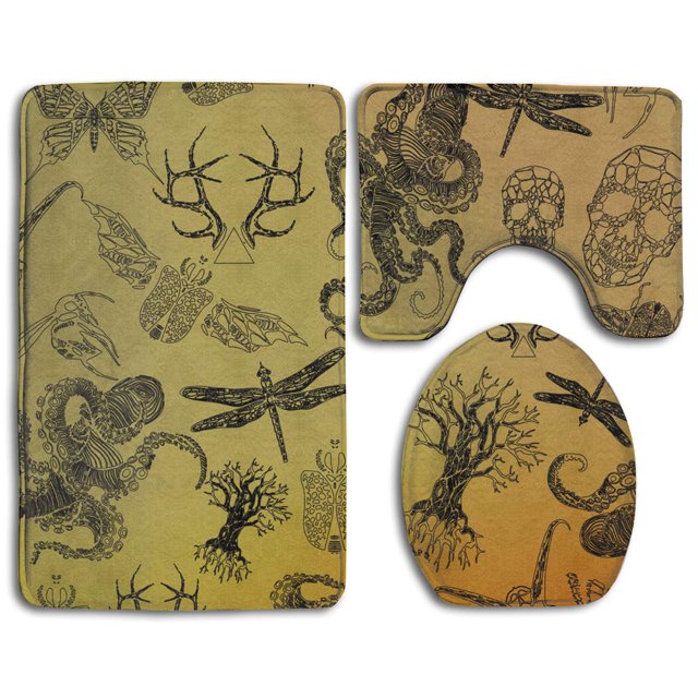 Juego de alfombras de baño ABPHQTO 3 piezas Pulpo Calavera Libélula