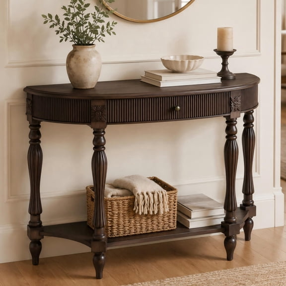 Zinkitool Brown Solid Wood Half Moon Console Table, Fluted Vintage Curved Entryway Table for Hallway Living Room Foyer, Narrow Space Sofa Table with Roman Column Carved Legs