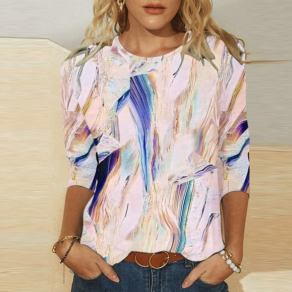 Mareep Spring Summer Clothes S-5XL Women's Fashion Tees Casual Crewneck 3/4 Sleeve Loose T Shirt Ladies Blouses Shirts Clearance of Women's Tops, Gift