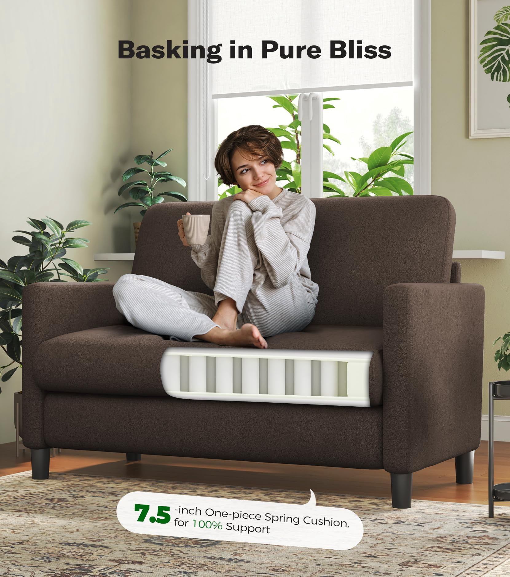 Welzona 51" Teddy Fabric Loveseat Sofa, Small 2-Seater Couch for Small Spaces, Tool-Free Assembly, Coffee