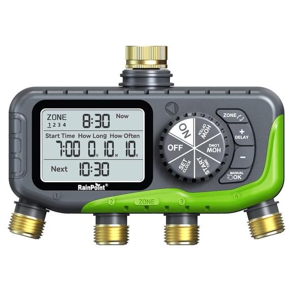 RainPoint Brass 4-Way Inlet and Outlet Garden Hose Timer, Programmable Digital Sprinkler Timer, Automatic Watering with Manual/Automatic/Rain Delay Controller System