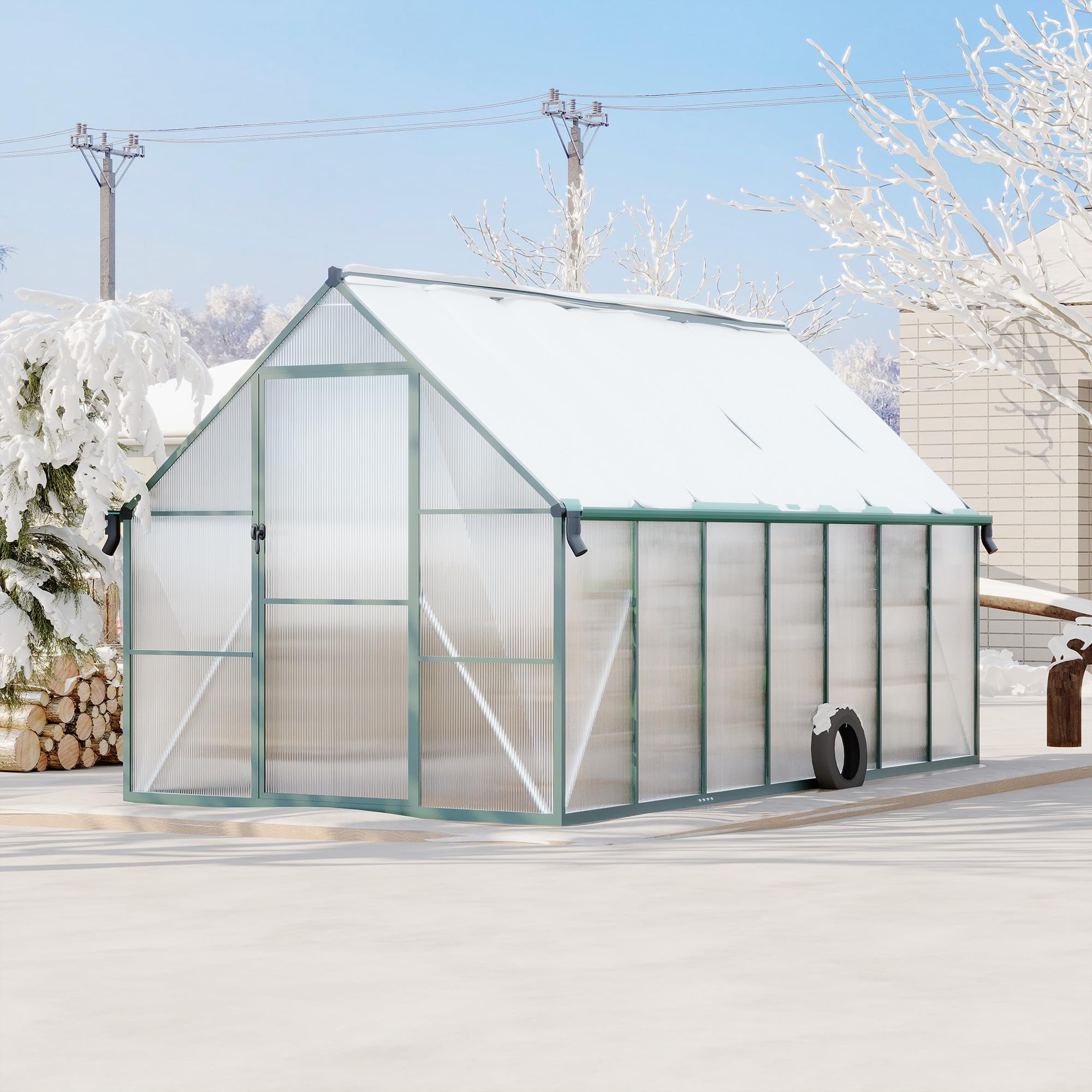 8 ft x 14 ft Aluminum PC Board Sun Room Outdoor Garden Greenhouse, Polycarbonate Board, Aluminum Frame, Weather Resistant Sunroom Enclosure, Green