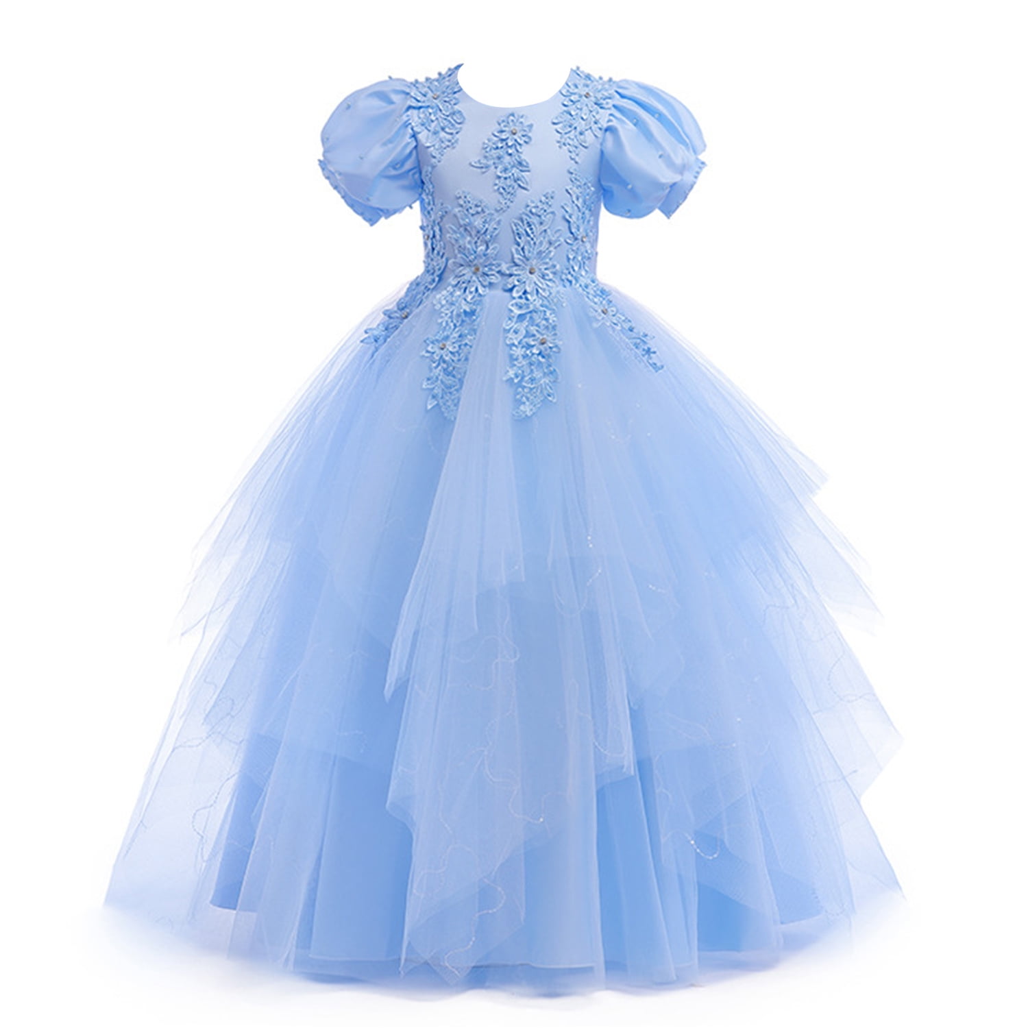 Phenas Big Girls Embroidery Flowers Dress Puff Sleeve Lace Tulle Ball