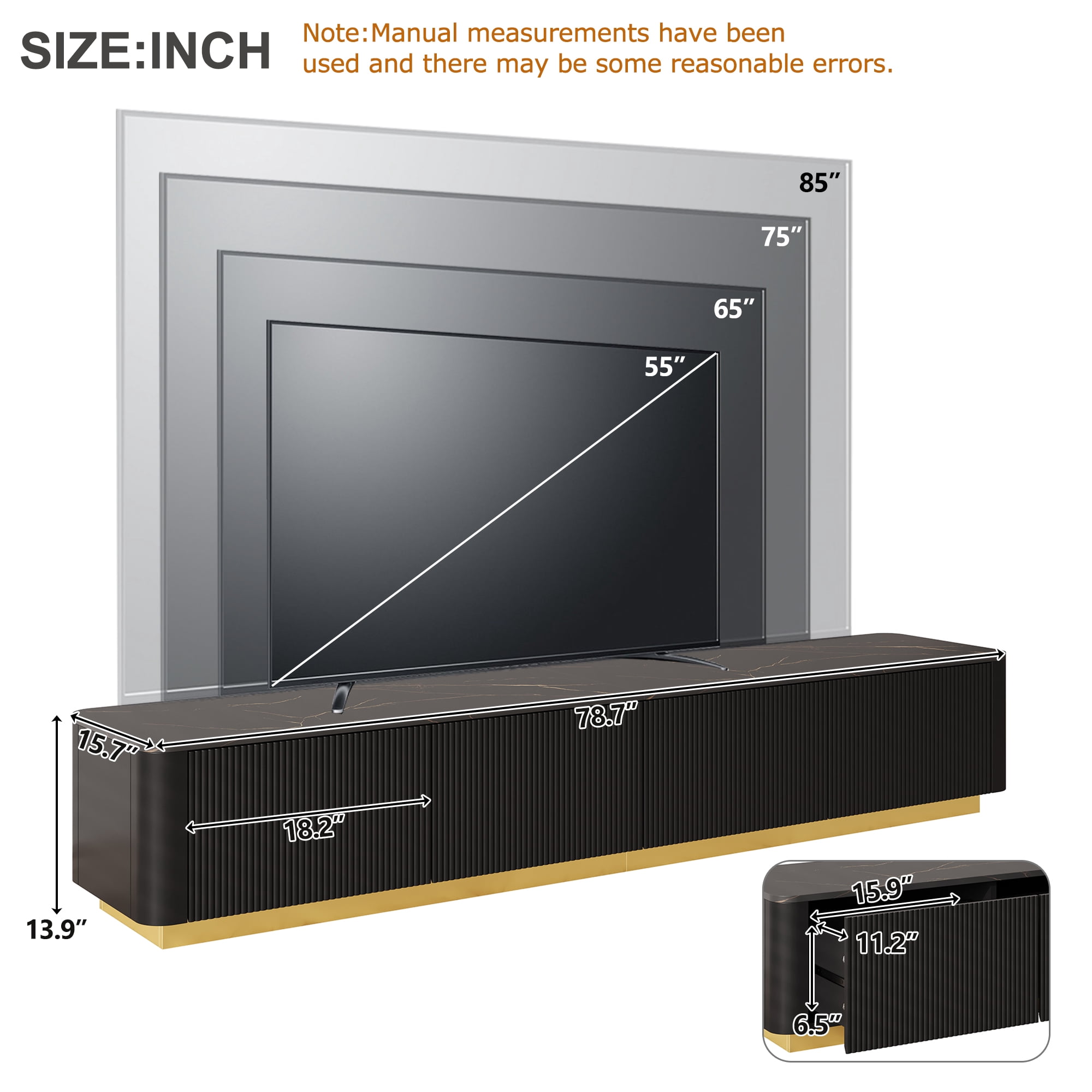 Harper & Bright Designs Fluted TV Stand for 85 inch TV with Gold Base, Modern Media Console with 4 Drawers, Entertainment Center with Curved Profile Design for Living room, Black