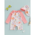 thumbnail image 3 of BemeyourBBs Toddler Baby Girl One Piece Swimsuit Infant Bathing Suit Long Sleeve Floral Rash Guard Half Zipper Swimwear Sunhat Set UPF 50+, 3 of 9