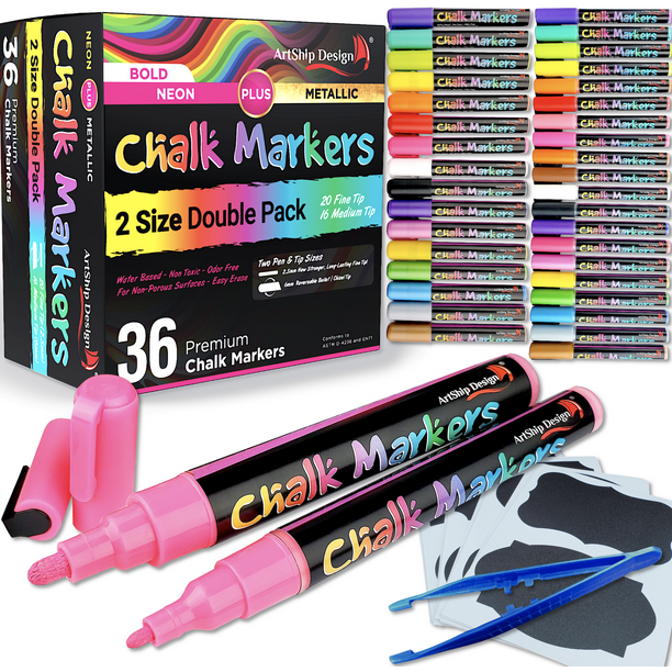 36 Chalk Markers Double Pack of Extra Fine and Medium Tip Pens