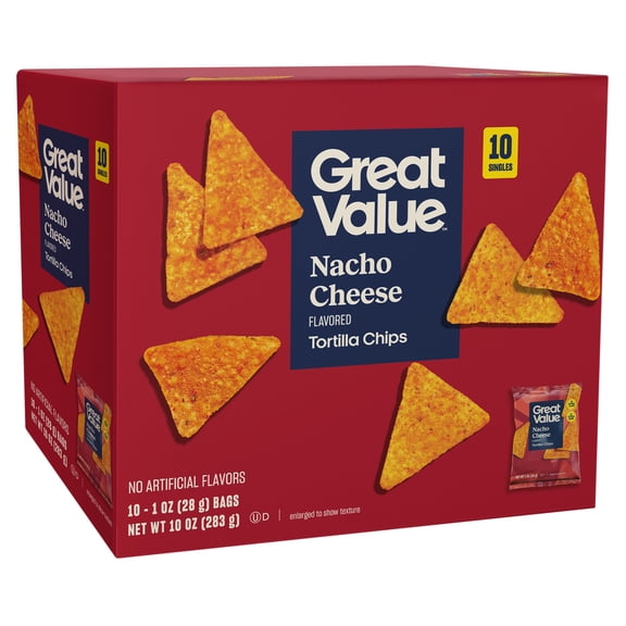Great Value Nacho Cheese Tortilla Chips, 1 oz, 10 Count Box