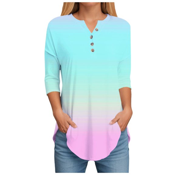 Womens 3/4 Length Sleeve Tops Spring Neck Casual Print Tunic T Shirts Three Quarter Length Womens Tops