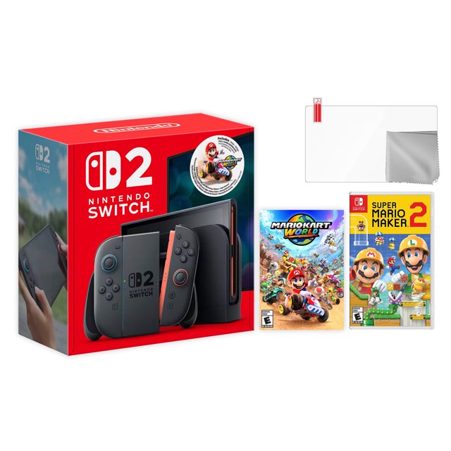 Nintendo Switch 2 Mario Kart World Bundle 256GB 7.9-Inch 1080P Screen, Joy-Con 2 with Mouse Sensor, Dock, with Super Mario Maker 2 And Microfiber Cleaning Cloth & Screen Protector