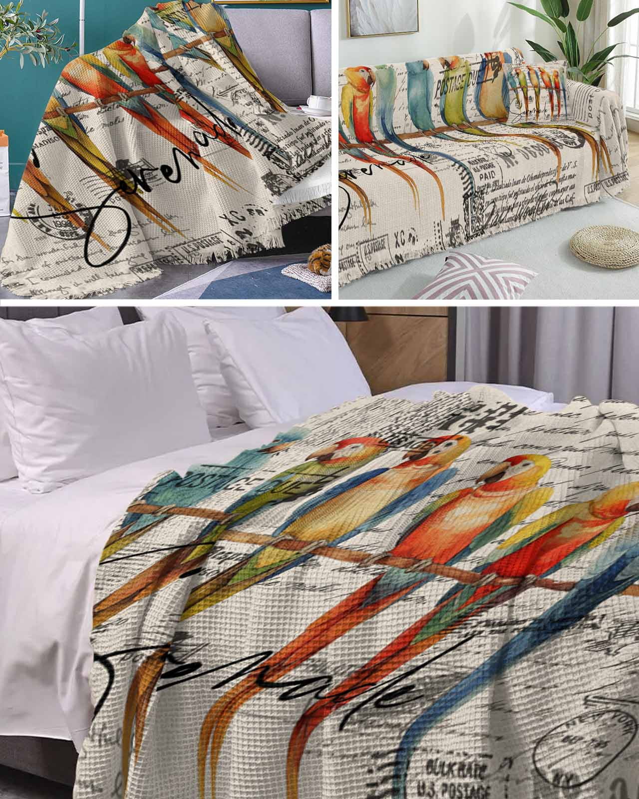 Parrots Beige Sofa Couch Covers for Dog,Washable Sofa Throw Cover Single Slipcoverfor Armchair,Vintage Colorful Tropical Animal Bird Newspaper Couch Protector Towel Blanket Medium 71x91