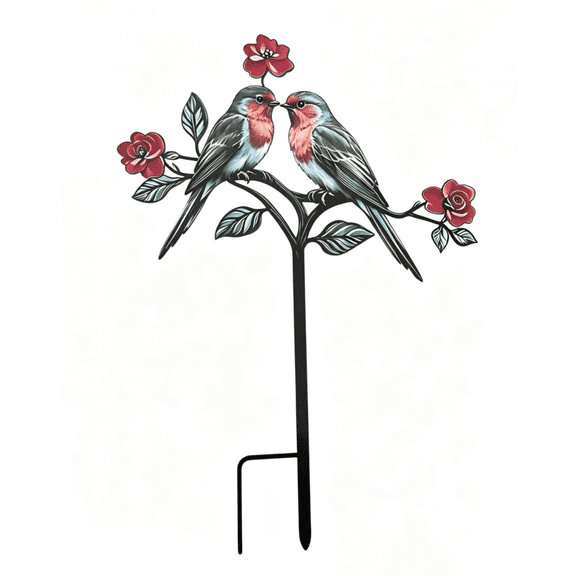 2D Metal Iron Robin Rose Bird Stakes, Vibrant Ornament for Outdoor Flowerbed Yard Decor