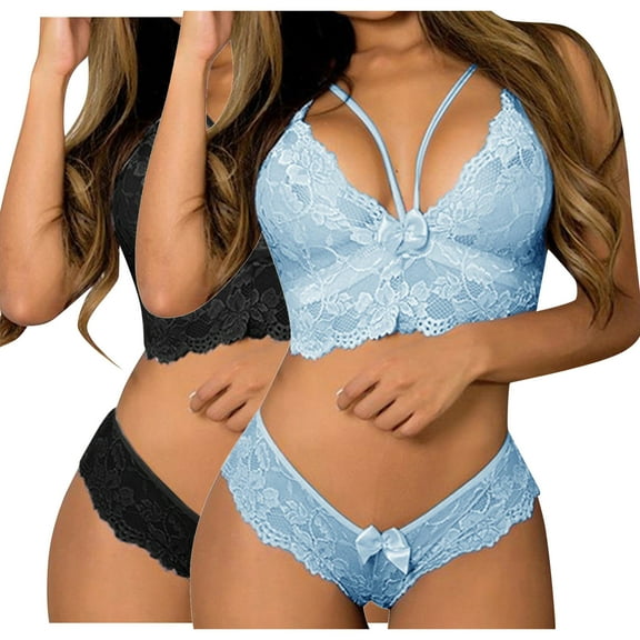 Lovskoo Women's Sleepwear Sets Bra and Panty Corset Lace Floral Bralette Bra Two Piece Underwear Sleepwears Outfits Gift for Valentine's Day Light Blue