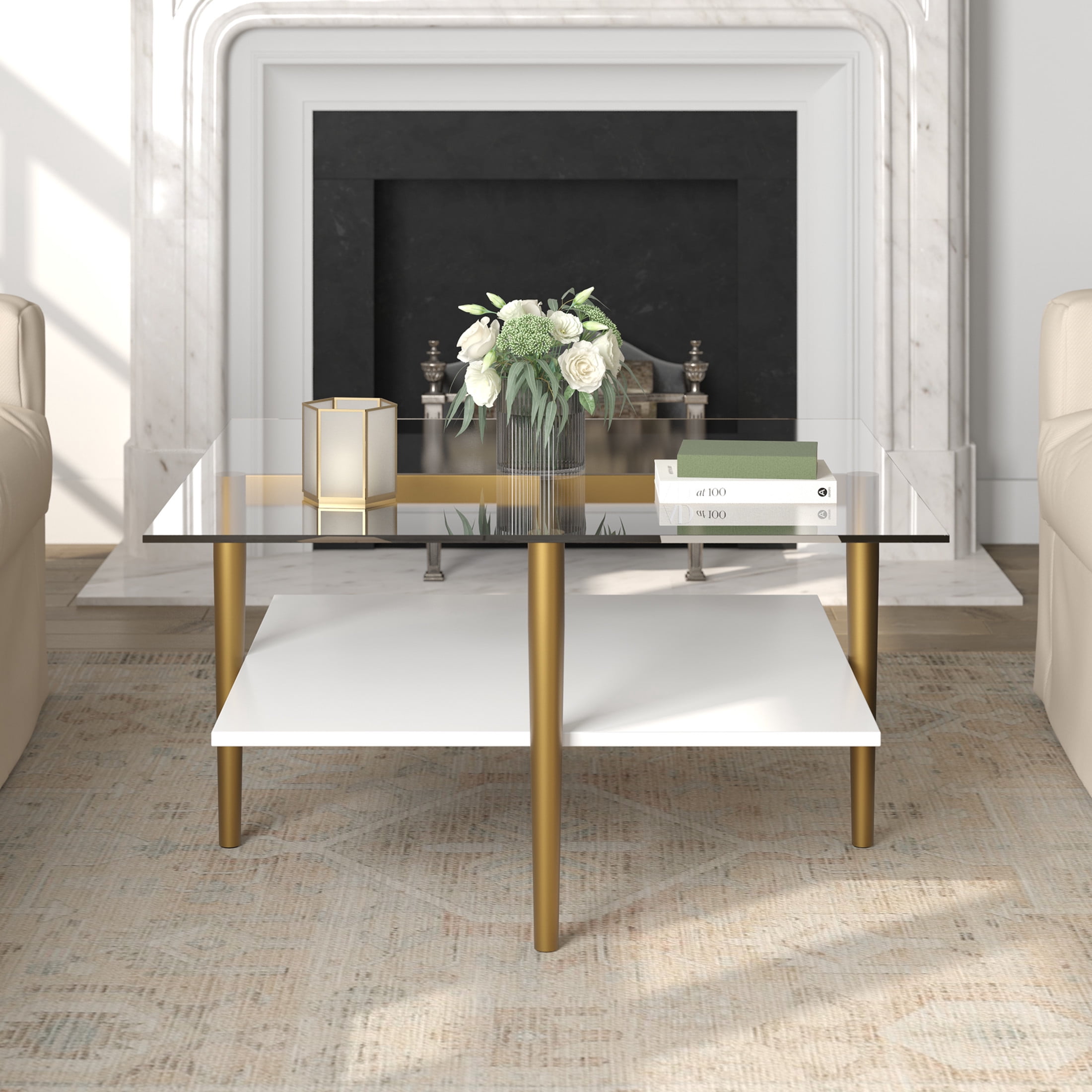 Evelyn&Zoe Otto 32" Wide Square Coffee Table with White Lacquer Shelf, Brass