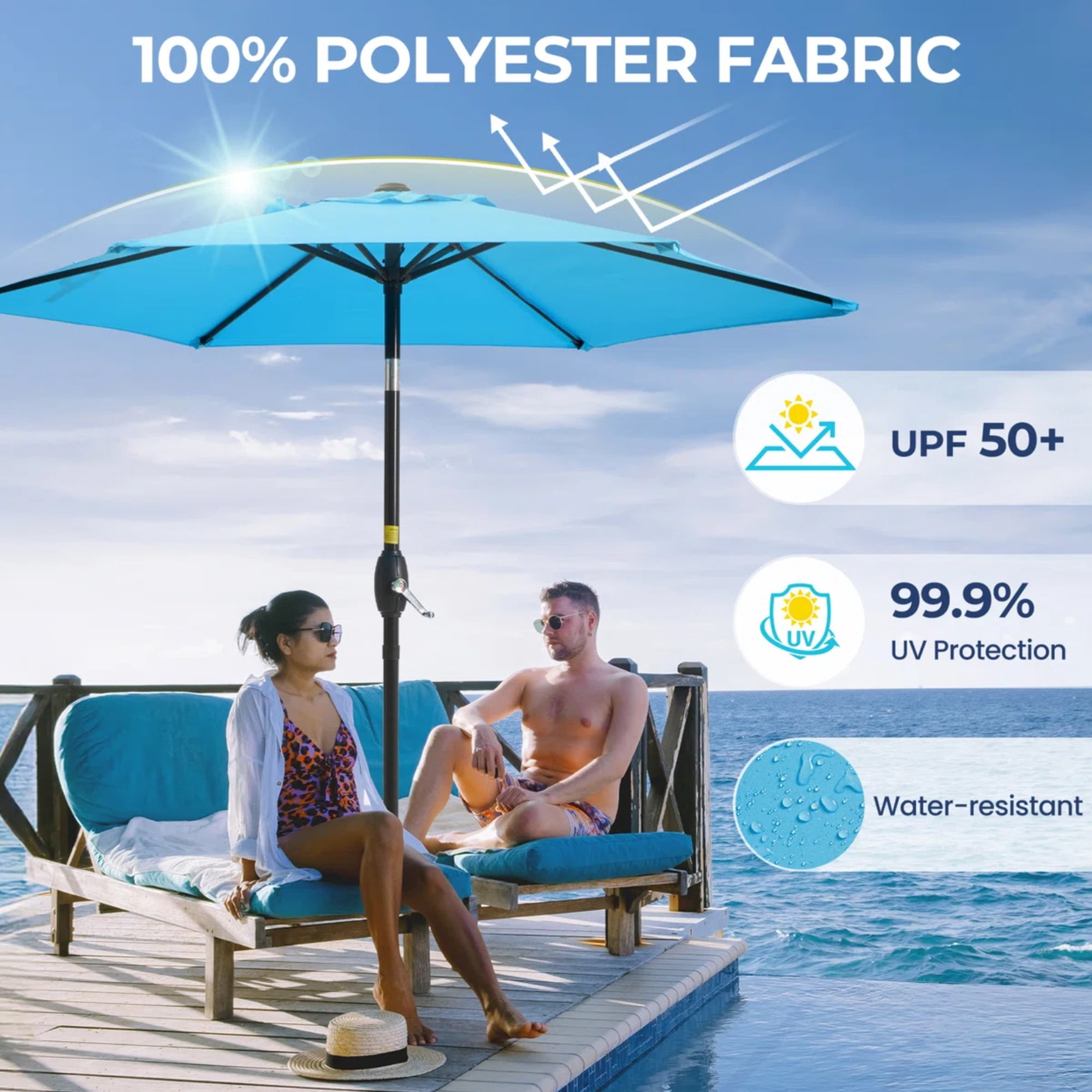 7.5 FT Blue Market Patio Umbrella with Crank Lift & Push‑Button Tilt, UV‑Resistant Waterproof Spun Polyester Canopy, Aluminum Pole Outdoor Shade for Backyard Pool Deck (Base Not Included)