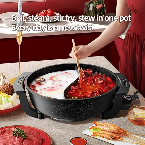 6L Electric Hot Pot with Non-Stick Smokeless Design, Multi-Function Cooking Pot with Divider, Includes Ladle, Tongs, Oil Brush