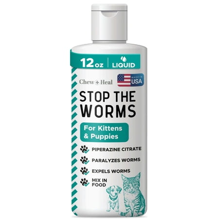 Chew + Heal Cat and Dog Dewormer - 12 oz - Wormer Liquid to Paralyze and Expel Roundworms - Kitten and Puppy Dewormer