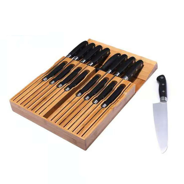 Eltow Bamboo Knife Drawer Organizer, In-Drawer Universal Knife Block with  Safety Slots for 16 Knives (Not Included) and Slot for Knife Sharpener
