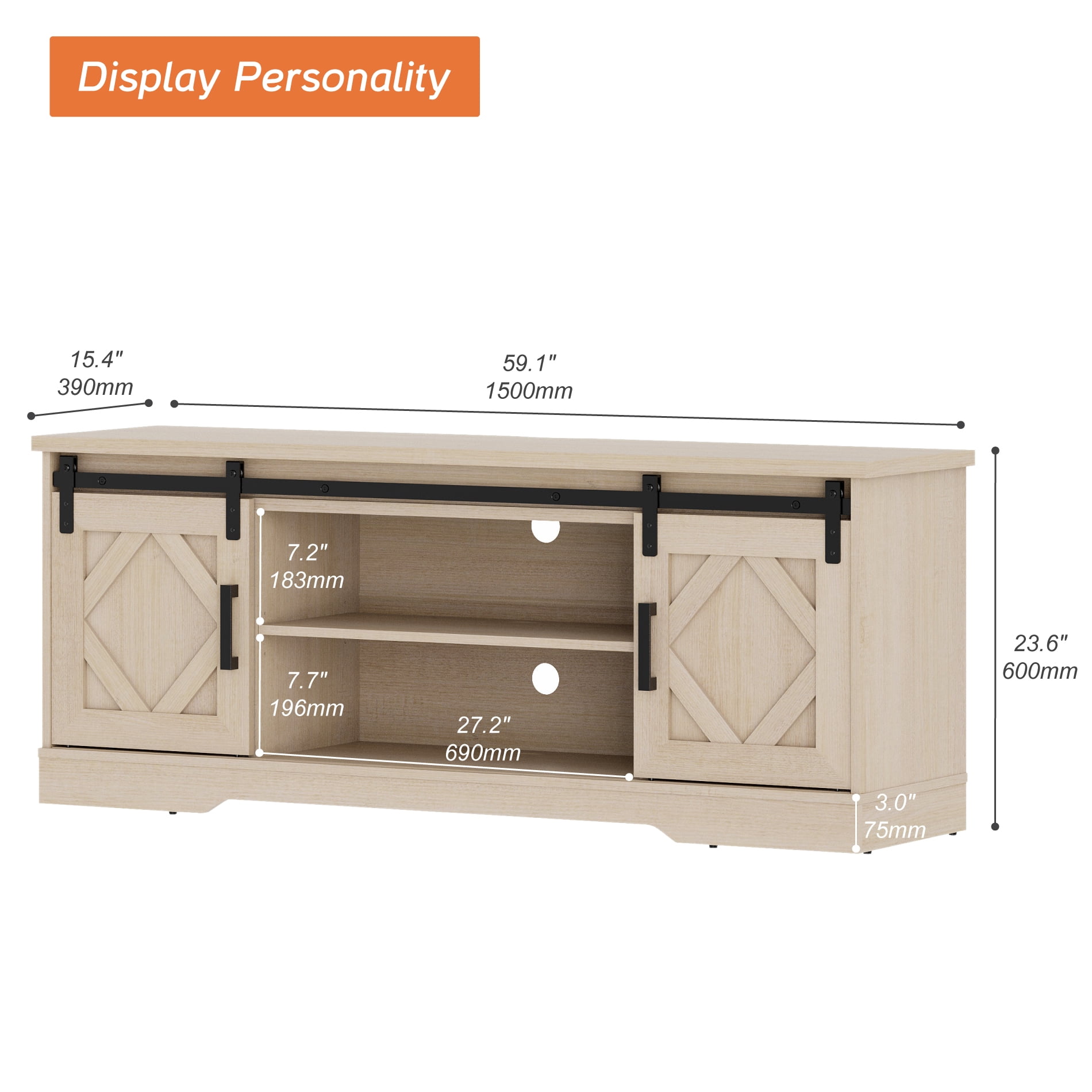 WAMPAT Farmhouse TV Stand with Sliding Barn Doors, Media Console with 3-Tier Adjustable Shelf for TVs up to 65", Rustic Wood Entertainment Center for Living Room,Pale Oak