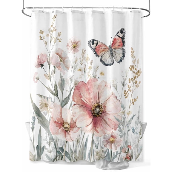 Shower Curtain Watercolors Pink Flower Butterfly Shower Curtains for Bathroom, Waterproof Polyester Shower Curtain Set with Hooks, Small Stall Size 36" x 72" Wildflowers