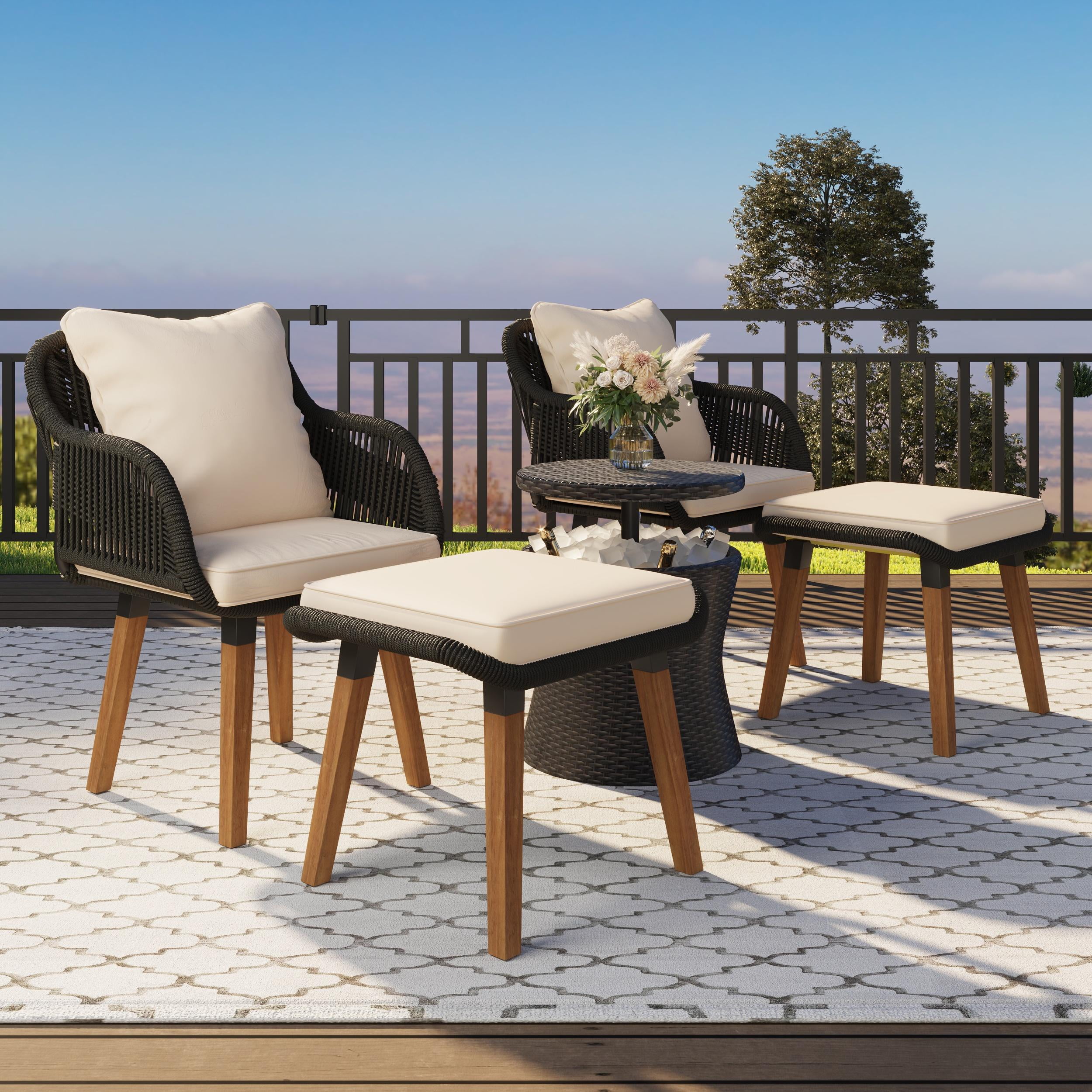 5 Piece Outdoor Rattan Furniture Set, Patio Cushioned Sofa Chairs with Ottoman Footrest and Cool Bar Table, All Weather Sectional Furniture Set with Beige Seat Cushion for Backyard, Deck, Balcony