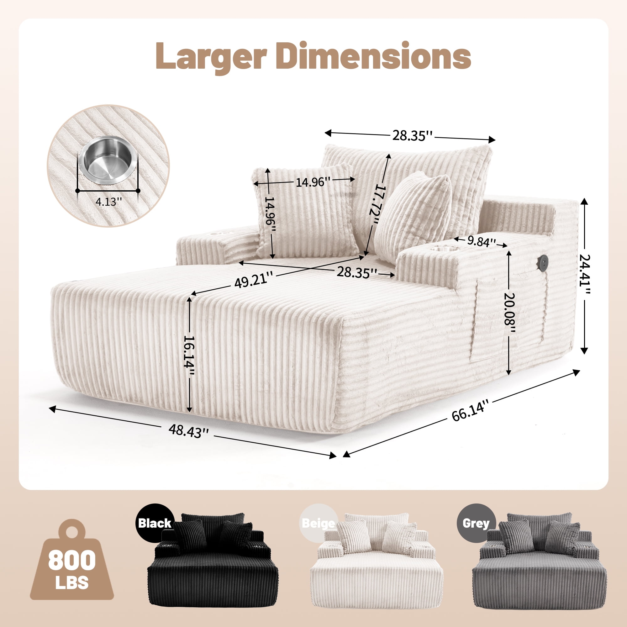 66" Chaise Lounge Chair Indoor, Oversized Corduroy Upholstered Boneless Sofa with USB & Type C, Deep Seat Sleeper Couch Reading Chairs with Pillows, Pre-assembled Corduroy Sofas Couches Living Room