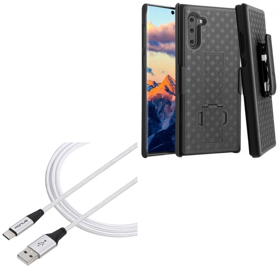 10ft USB Cable w Case Belt Clip for Samsung Galaxy Note 10 Phone - Type-C Charger Cord Power Wire USB-C Long, Holster Swivel Cover Kickstand Armor Combo