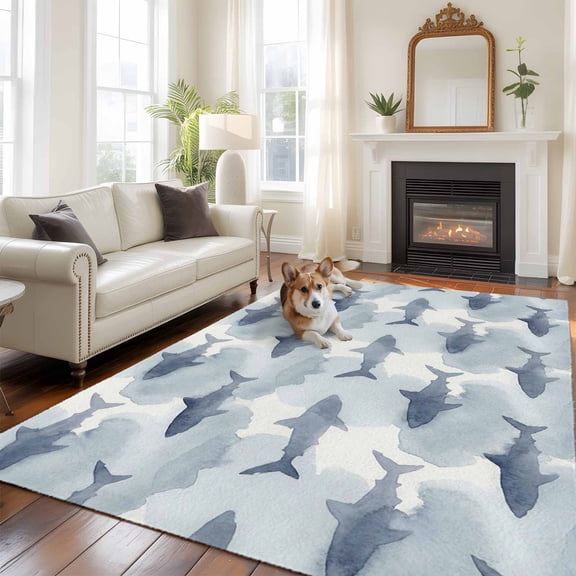 Sharks Area Rugs 5x7 ft Watercolor Gradient Grey Blue Shark Beige Blue Texture Washable Rug Non Slip Indoor Carpet Absorbent Floor Mat for Living Room Bedroom Dining Room