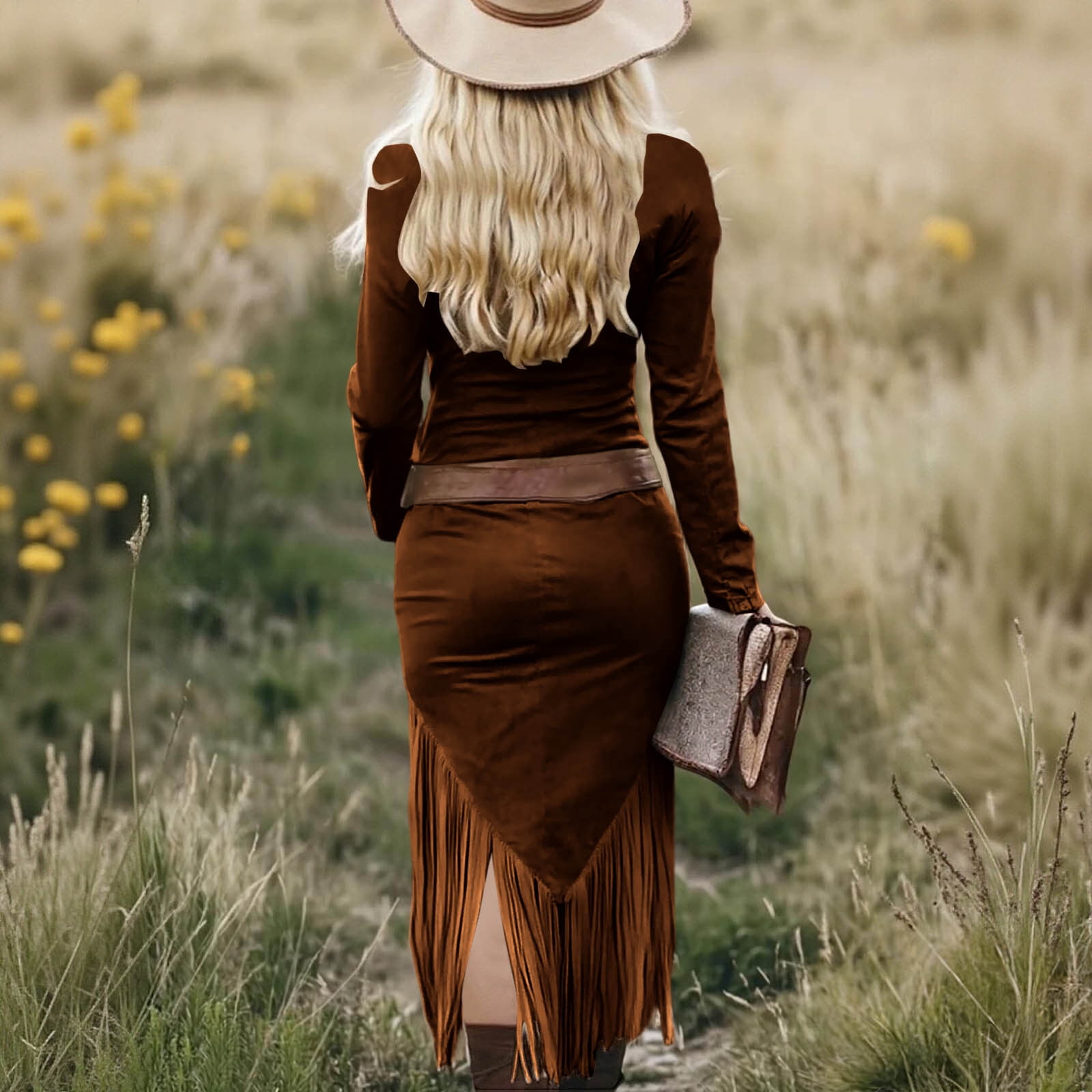 Women Western Suede Midi Dress Lapel Zip Up Long Sleeve Tassel Hem Vintage Cowgirl Slim Fit Dresses