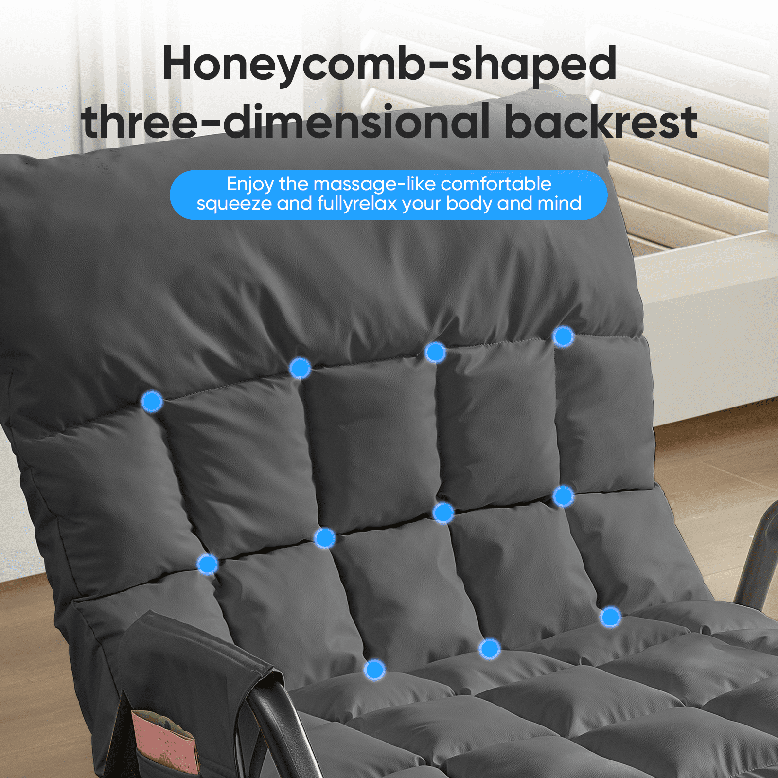 BALUS Rocking Chair, Leather Nursery Recliner with Adjustable Backrest & Footrest, Side Pockets, Modern Living Room Seating Space-Saving Design, Grey
