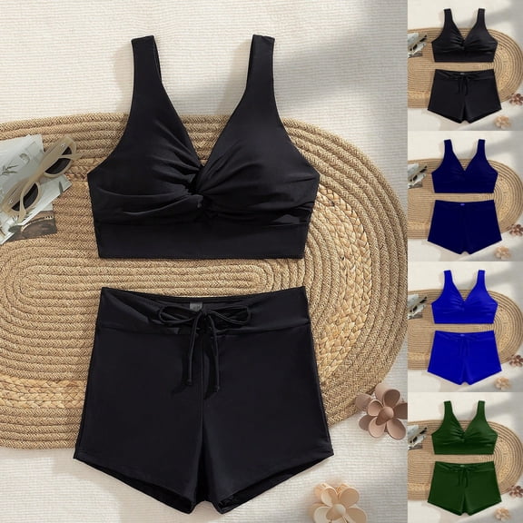 Swimwear Tankini for Women Modest Two Piece Twist Front V-Neck Full Coverage Boyshorts for Beach Navy L