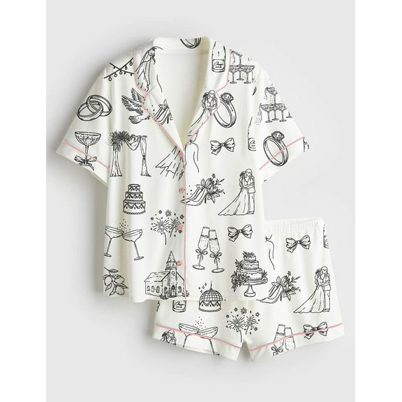 Wedding Theme Pajama Set for Women | Romantic Short Sleeve Sleepwear
