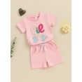 thumbnail image 3 of Suealasg Toddler Baby Girls Matching Outfits Sets Short Sleeve Letter Embroidery Tops Solid Color Shorts Sets 2Pcs Lil Sister Summer Clothes, 3 of 8