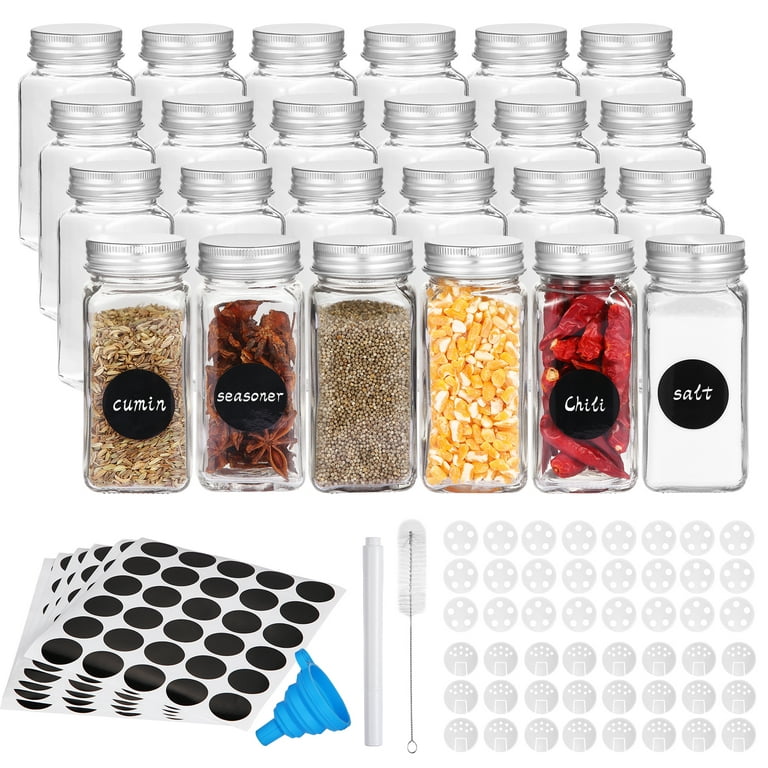 24 Pcs Glass Spice Jars/Bottles - 4oz Empty Square Spice Containers with  612 Spice Labels - Shaker Lids and Airtight Metal Caps - Silicone  Collapsible