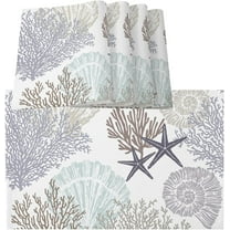 Summer Beach Coral Placemats Set of 6 Washable Woven Burlap Cloth Fabric Placemat for Square/Rectangle/Round/Oval Dining Table,Easy Clean Place Mats Minimalist Grey Coral Shell Starfish
