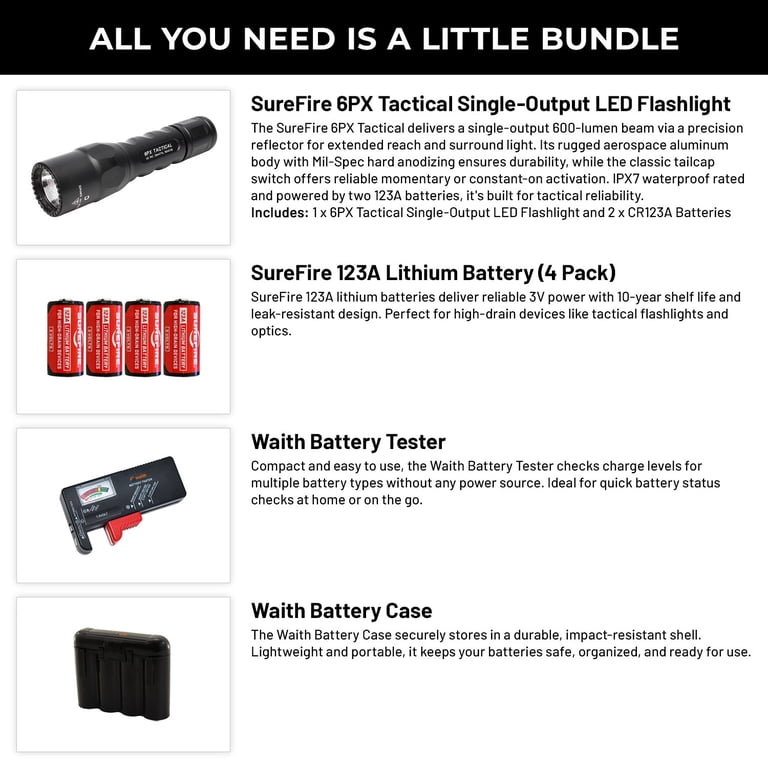 SureFire 6PX Tactical LED Flashlight, Black, Batteries/Tester