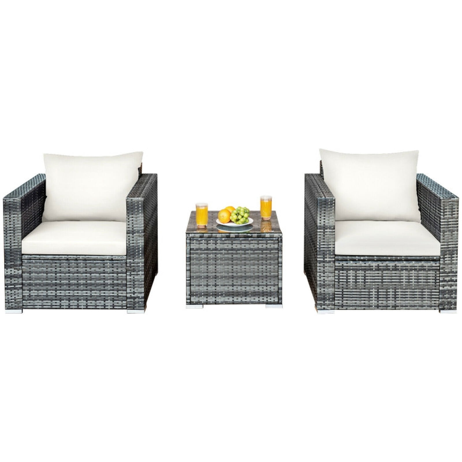 Biotree 3 Piece Patio Rattan Bistro Sofa Set outdoor conversation set with cushions and tempered glass coffee table for balcony garden and porch, White