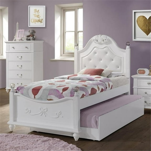Pemberly Row Traditional Faux Leather Headboard Tufted Twin Bed in White