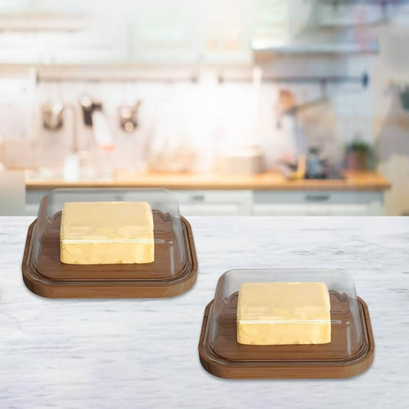 Borosilicate Glass Butter Dish With Bamboo Lid Pack Of 2, Transparent | Borosilicate Glass Container For Storage - Bamboo Butter Board | Butter Tray (Dark Brown)