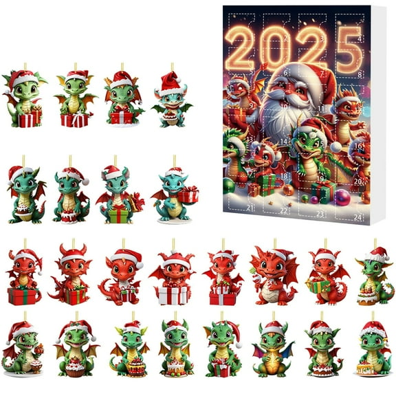 Christmas Advent Calendar 2025, Cute Dragon Advent Calendar Xmas Ornaments Creative Christmas Blind Box 2D Funny 24 Day Countdown Calendar Christmas Gifts for Teens, Men, Women