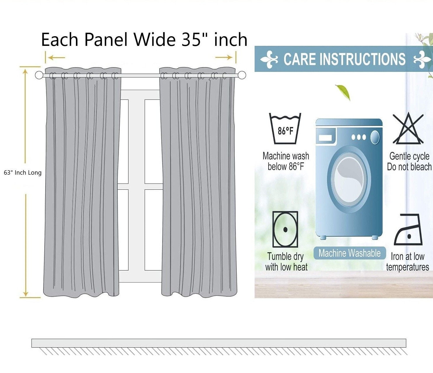 Adam Set of 2 Panels Grommet Top, Blackout Faux Silk Black Window Curtain 63" Long 100% Sun light Blocking & Privacy