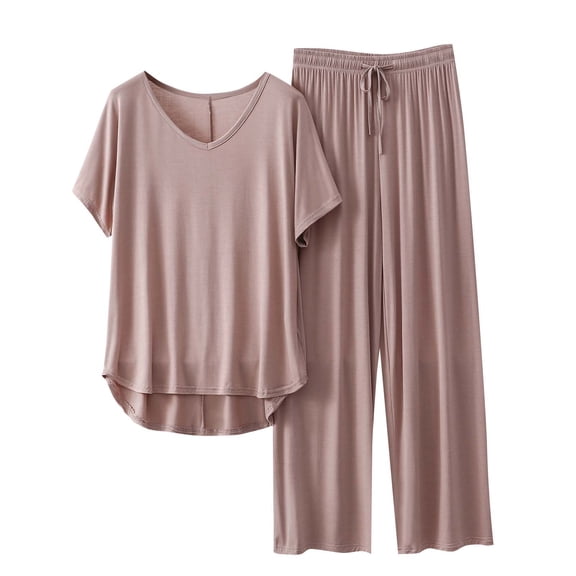 Nfurl Women's Modal Pajamas Sets 2 Piece Soft Loungwear Sleepwear Comfy Pjs Set 2pc Comfy Summer V Neck Short Sleeve Tops Sleep Pants Khaki,Size L