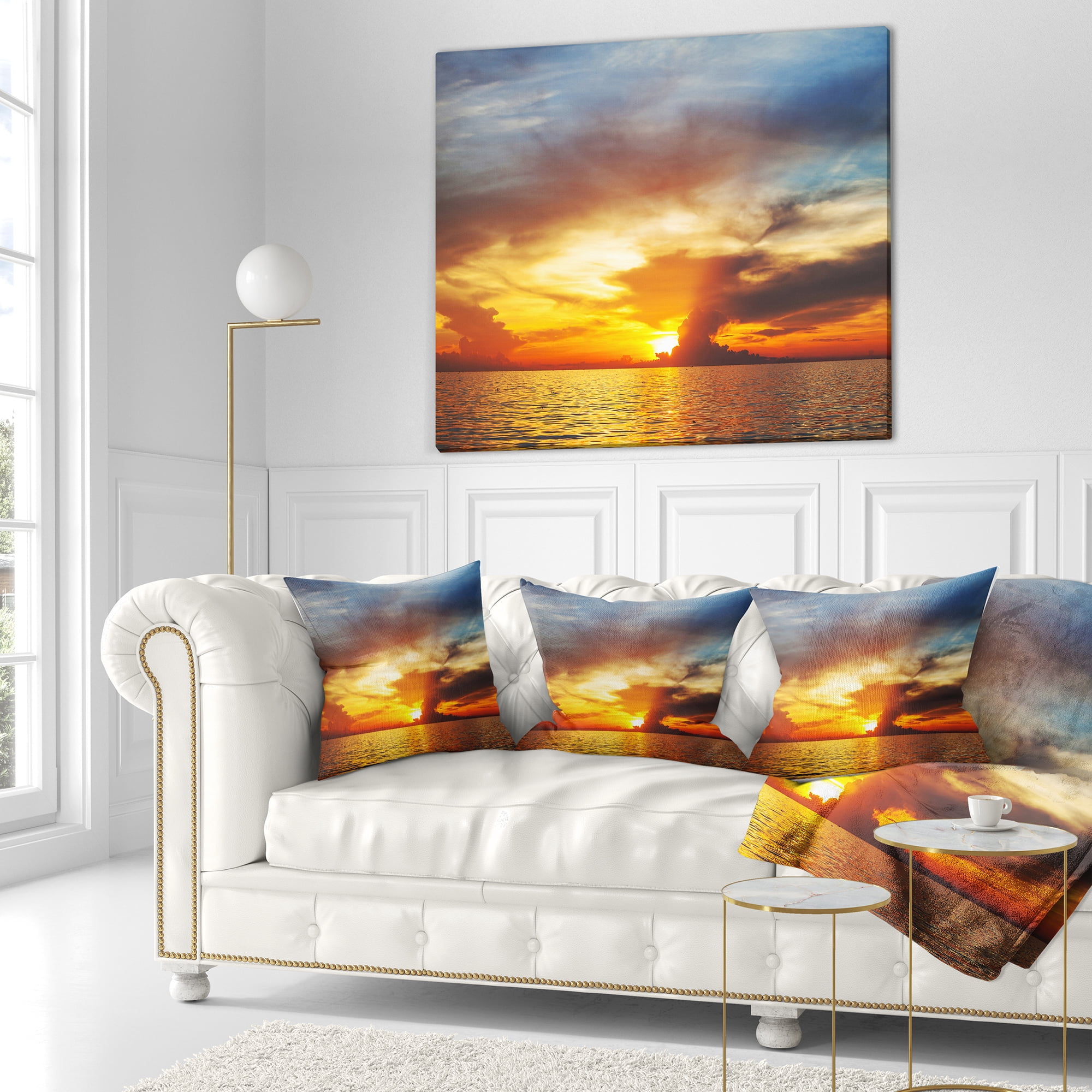 Designart Fiery Sky at Sunset Over Sea - Modern Seashore Throw Pillow - 16x16