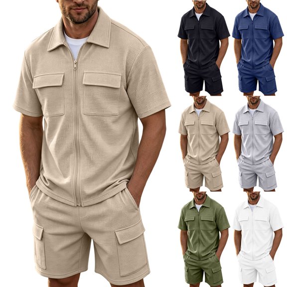 Hxshgdsn Mens Collared 2 Piece Outfit Set Zip Up Short Sleeve Jacket Cargo Shorts Outdoor Casual Travel(KhakiL)