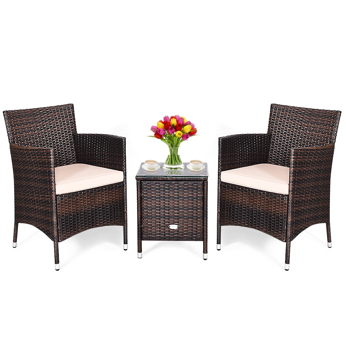Costway Outdoor 3 PCS PE Rattan Wicker Furniture Sets Chairs  Coffee Table Garden Beige
