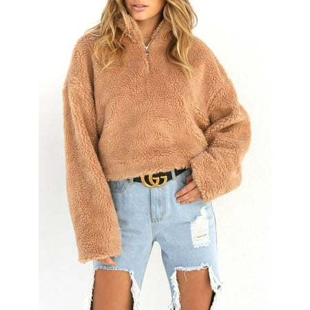 Women Winter Warm Fluffy Sweater Coat Fleece Fur Jacket Stand Neck Zipper Outerwear Pullover Jumper Long Sleeve