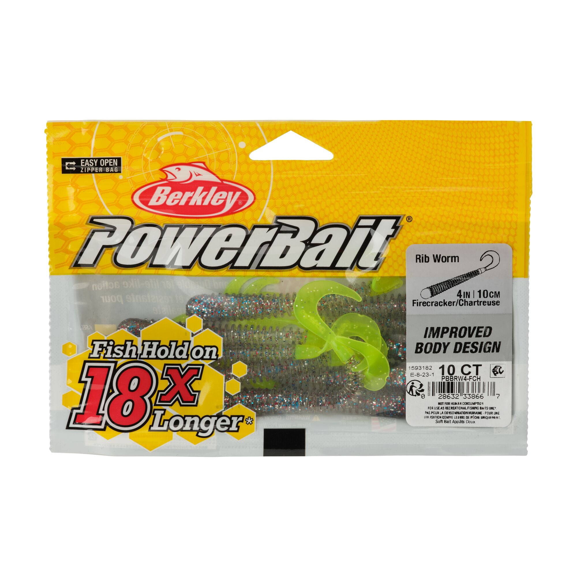 Berkley PowerBait® Rib Worm, 4 in, Worms, Firecracker/Chartreuse (10 Count)